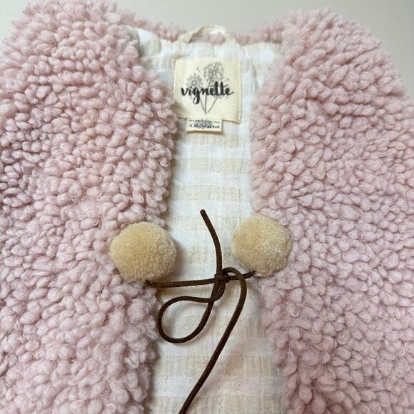 Vignette 12-28 Months Pink Sherpa Vest Tassel Pom Faux Fur Toddler Girl Gingham - Picture 3 of 7